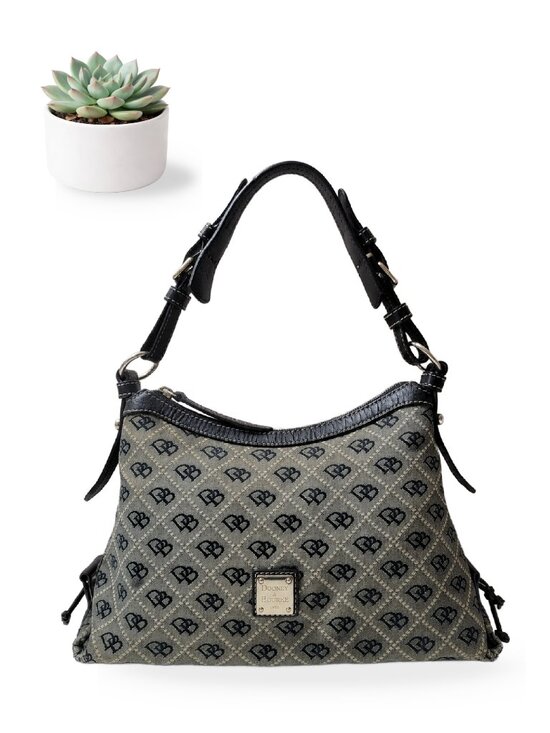 Dooney & Bourke Handbags - Dooney & Bourke Signature DB Monogram Jacquard Hobo Shoulder Bag Black Gray